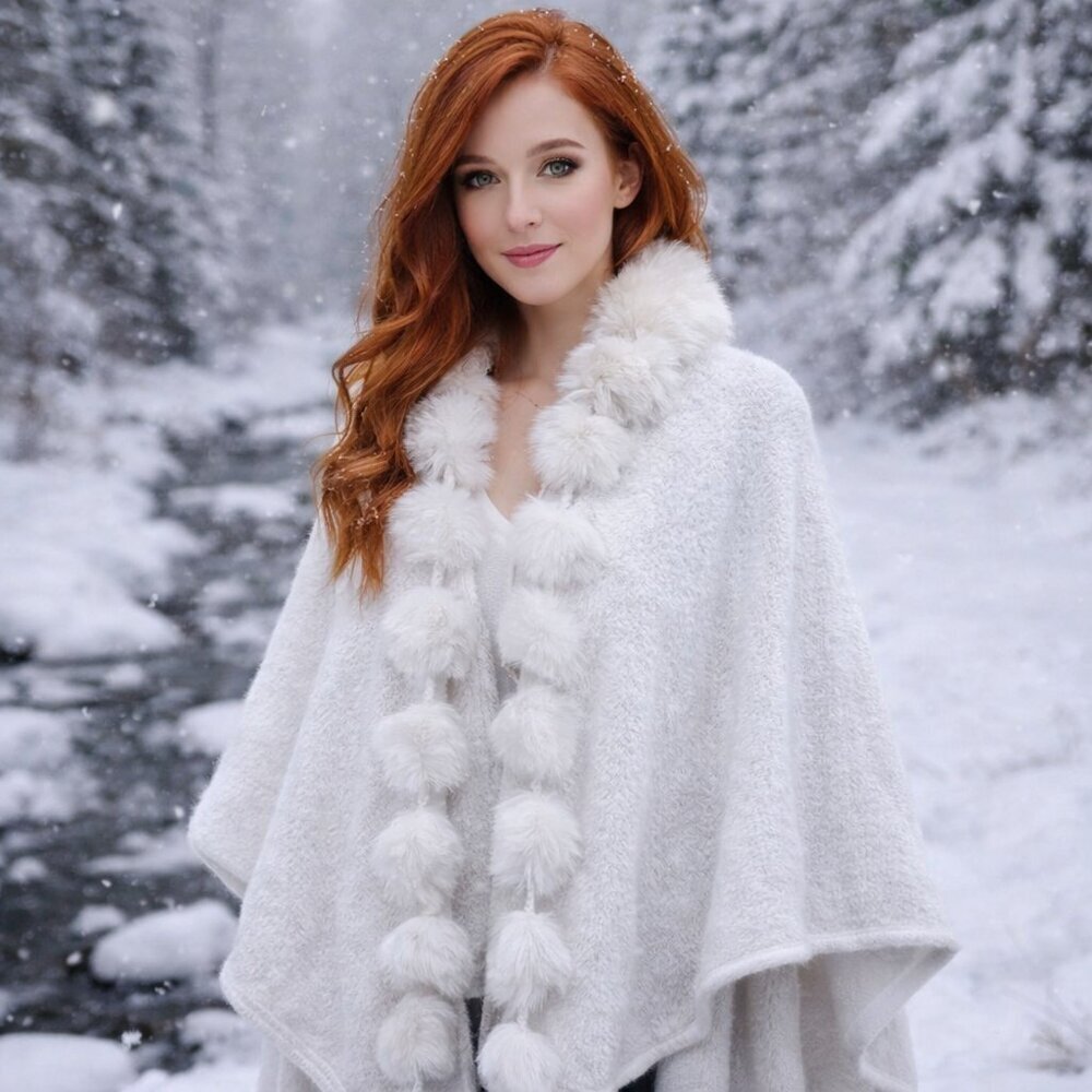NWT INC International Concepts Women's Faux Fur Trim Topper Wrap Ivory